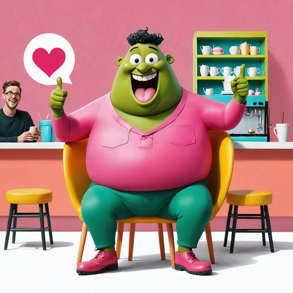 A whimsical illustration of a humorous giant cartoon character with oversized bosoms, playfully interacting with modern cultural elements like social media icons and quirky fashion trends. Include exaggerated facial expressions and funny scenarios, like it trying to squeeze into a small cafe chair or posing with trendy outfits. Use bright, bold colors to enhance the playful mood. comic style. vibrant colors. white background.