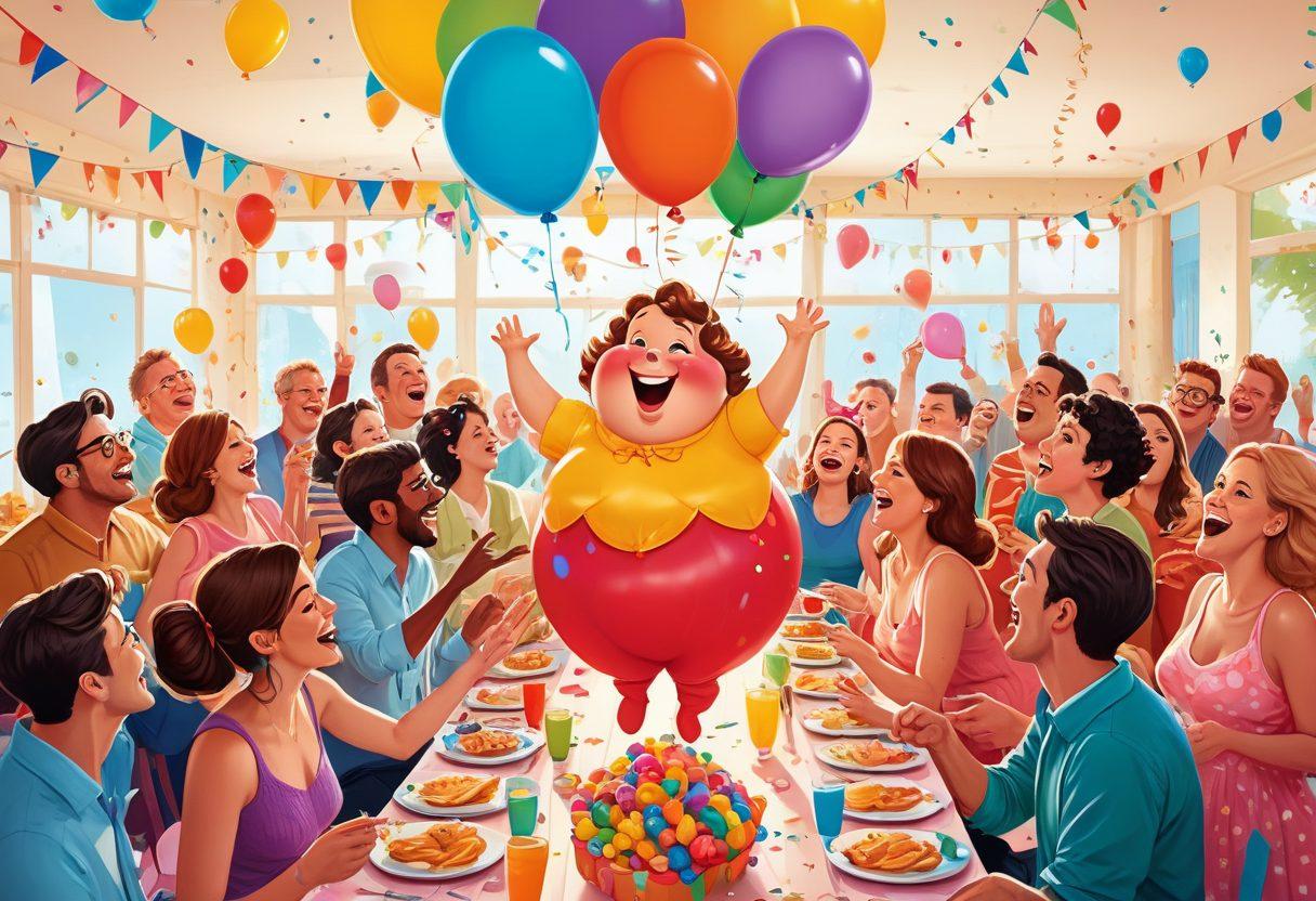 A playful cartoon scene depicting a whimsical party with oversized cartoonish breasts as playful balloons, surrounded by adults laughing and engaging in humorous banter. Include vibrant colors and exaggerated expressions of joy and surprise, with playful decorations and a light-hearted atmosphere. The setting should evoke a sense of fun and cheekiness while remaining tasteful. vector art. vibrant colors.