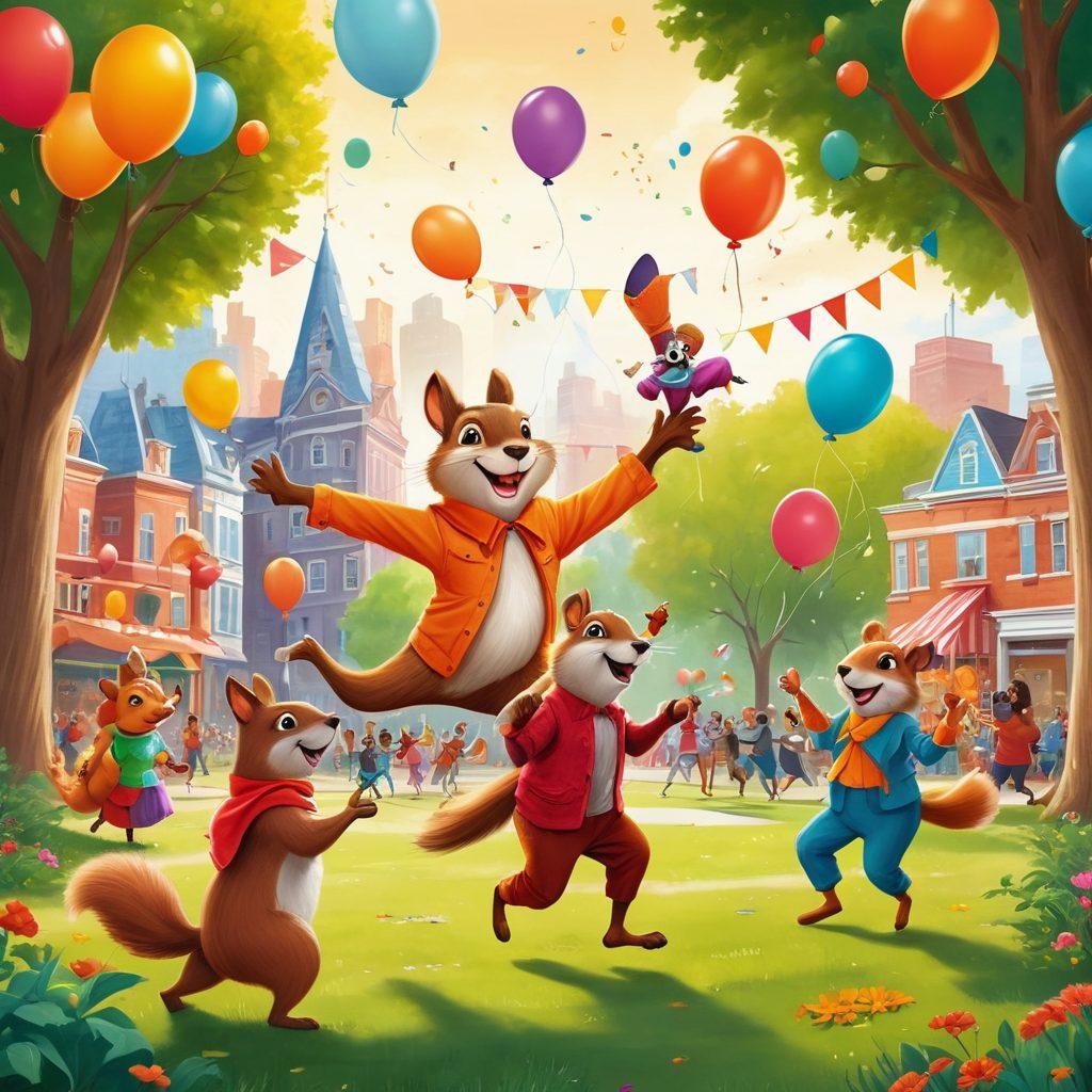 A whimsical illustration of a diverse group of adults joyfully engaging in fun activities like dancing, laughing, and playing games in a vibrant city park. Include amusing elements like oversized props, playful animals, and colorful balloons in the background. The scene should radiate warmth and laughter, capturing the essence of adult life with a humorous twist. bright colors. cartoon style.